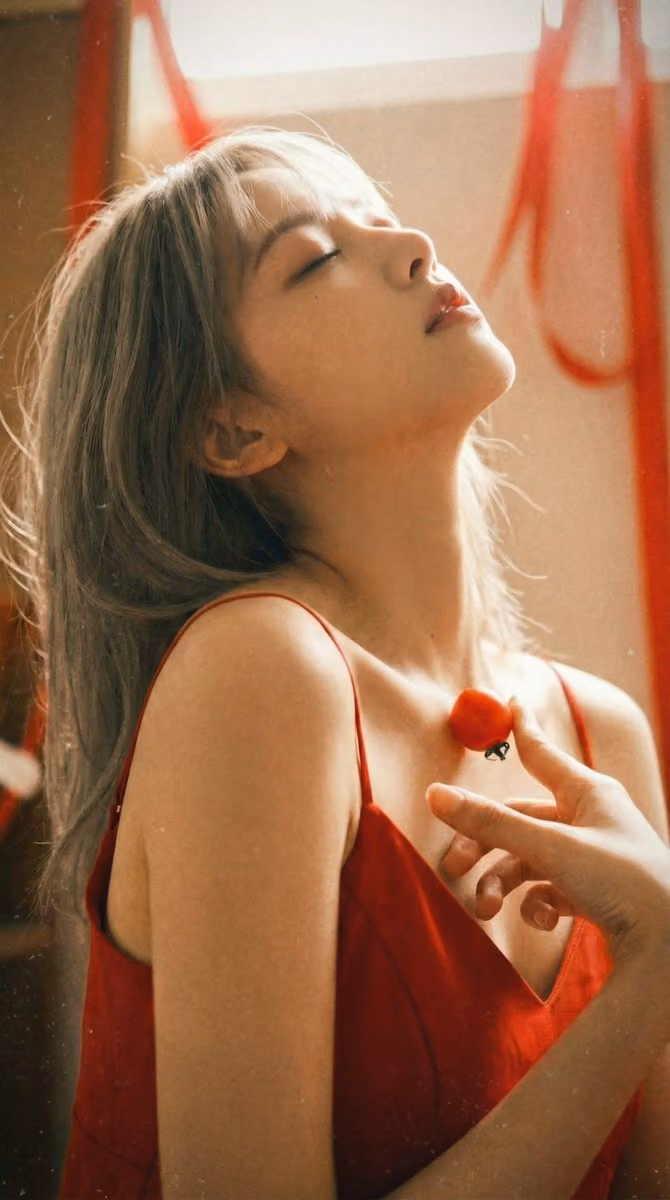 Close-up portrait of a young Asian woman in a red dress, lazy summer vibe