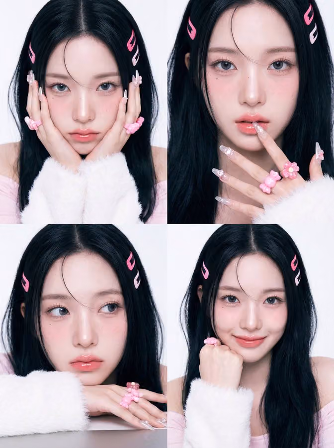 Four-panel collage of sweet girl close-ups, Korean magazine vibe