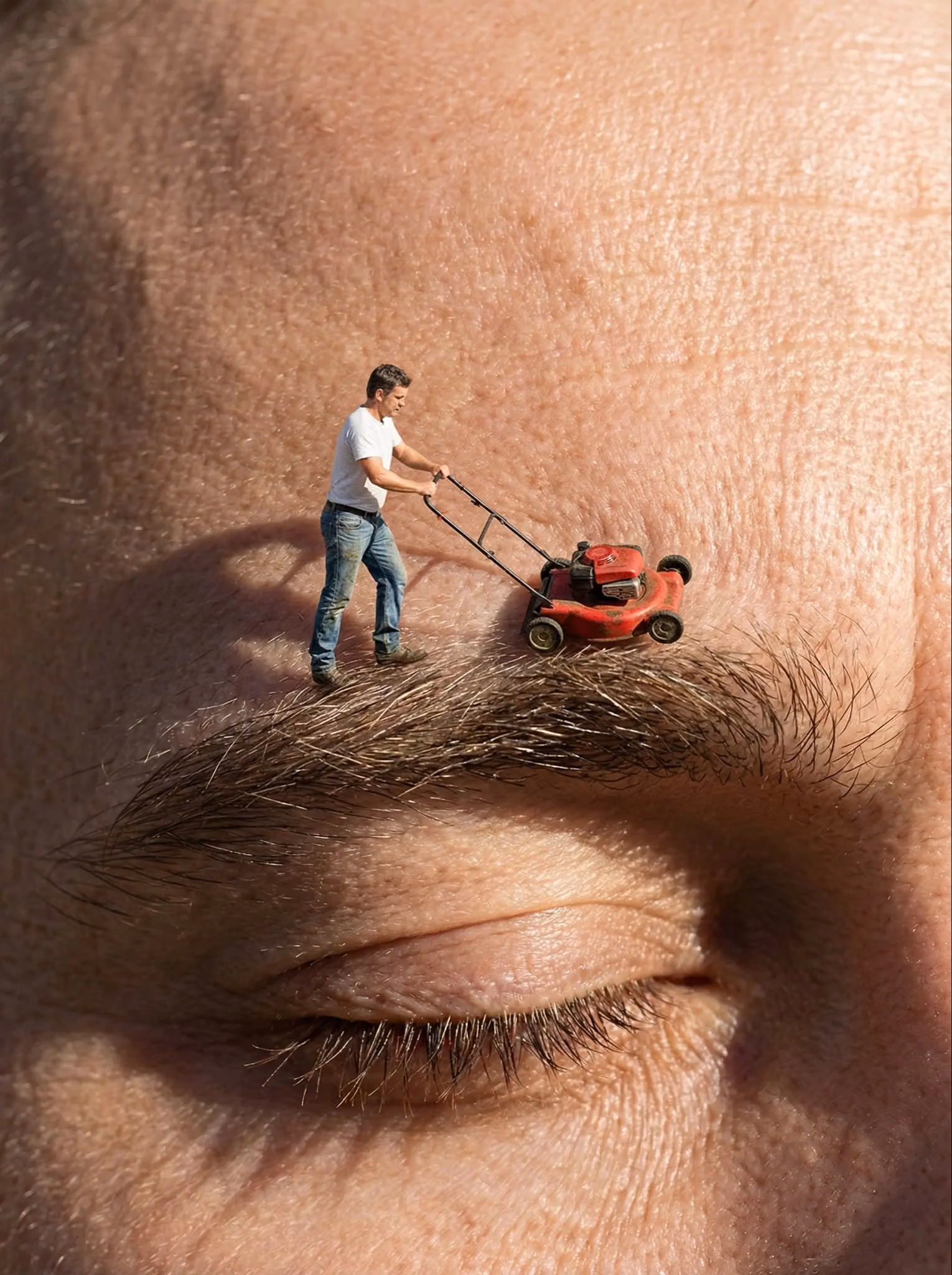 Surreal Conceptual Photography: A Miniature Man Trimming a Giant Eyebrow