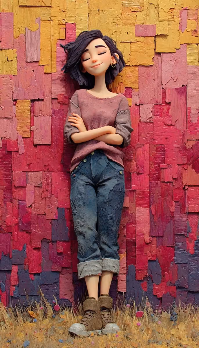 Stylized 3D Animated Young Woman Leaning Against Abstract Wall