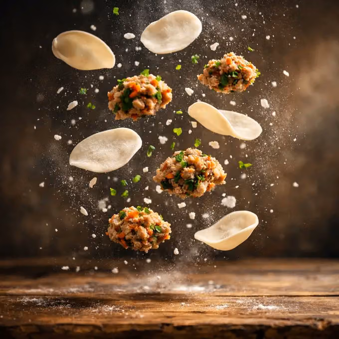 Ultra-realistic cinematic dumpling photography