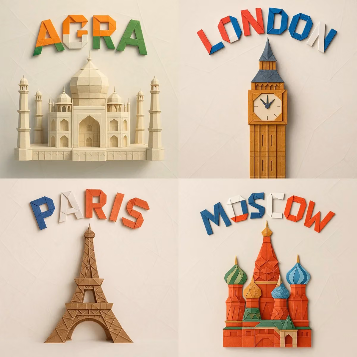 Digital photograph of intricate paper origami model representing (MONUMENT_NAME) with (CITY_NAME) in