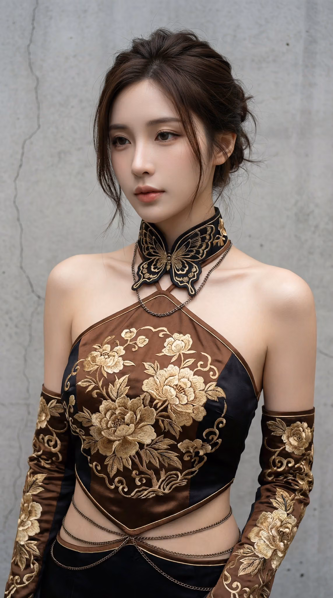 A highly elegant young East Asian female portrait with refined and cool facial features, smooth deep