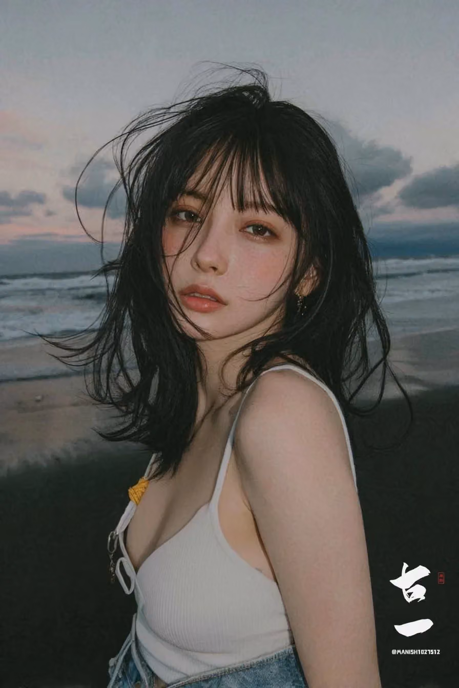 Young Woman on the Beach at Dusk in a Soft Emotional Film-Style Portrait