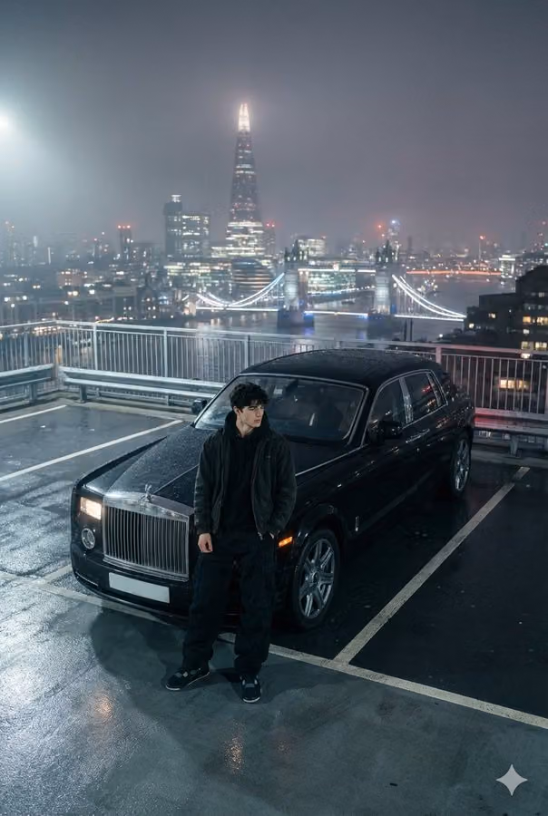 A Young Man In Baggy Black Pants And Jacket, Posed Before His Rolls-royce On A Rooftop Parking Lot W