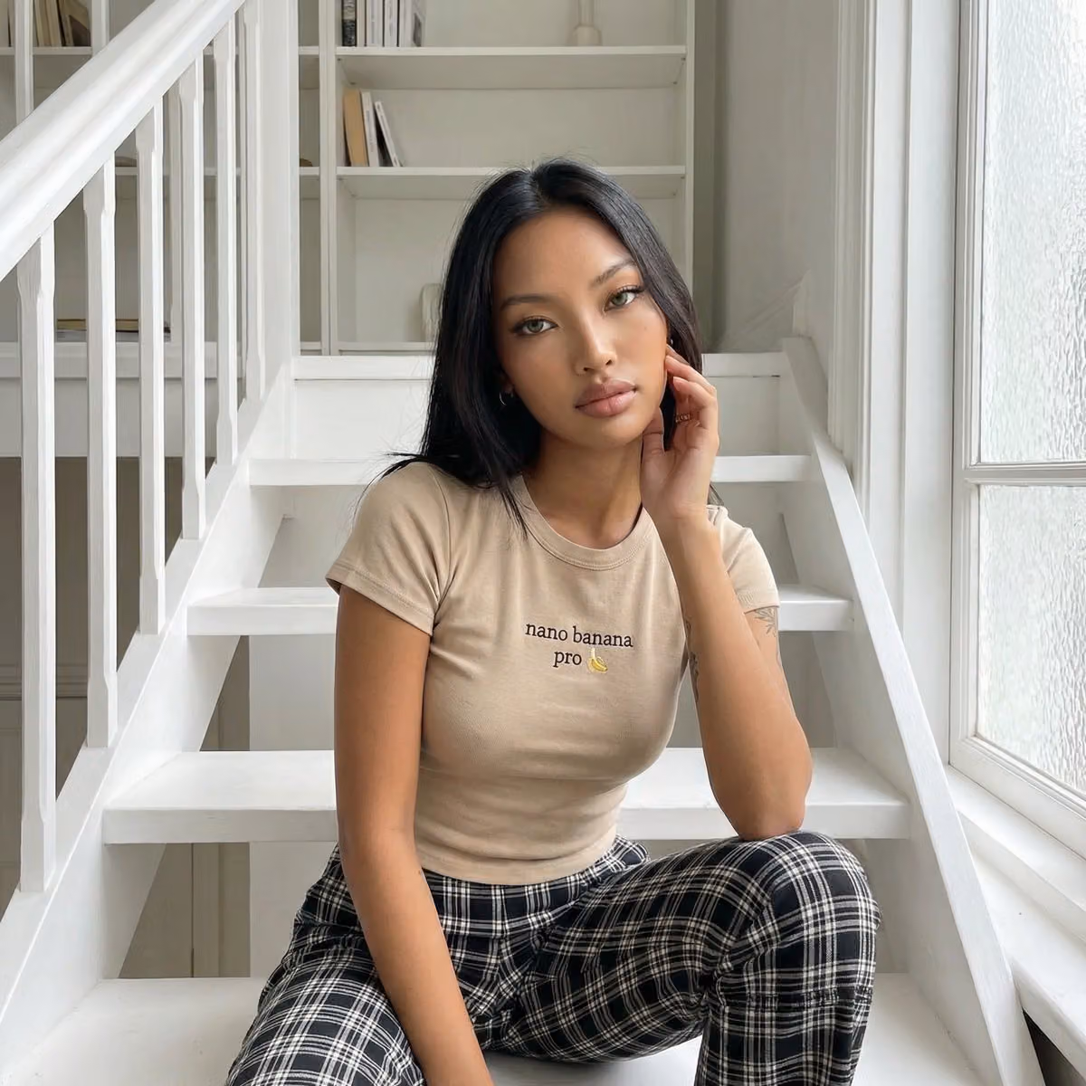 Elegant Young Woman on Indoor Stairs