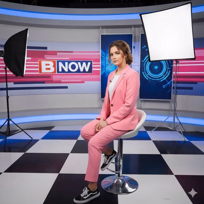 Young Western woman on a high bar stool in a professional TV studio