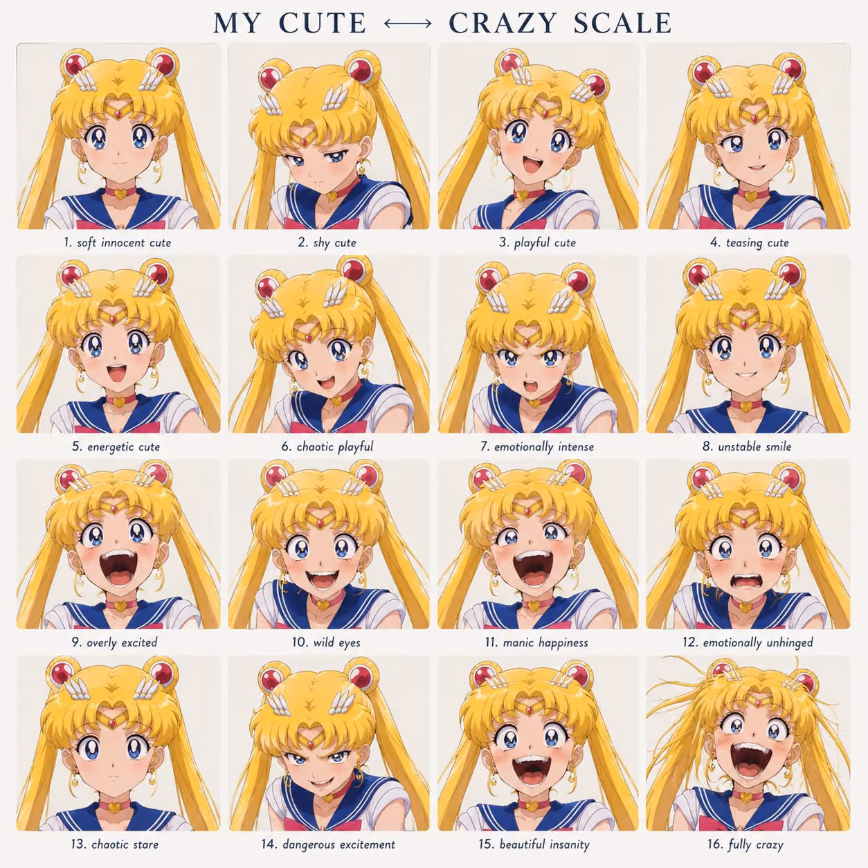 Cute Crazy Scale Anime Character Expression Sheet