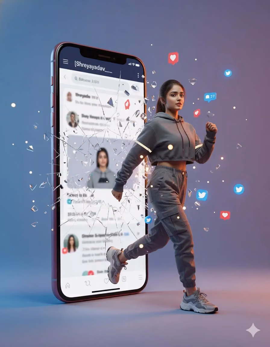 Hyperrealistic Cinematic Photo of a Woman Stepping Out of a Smartphone Screen