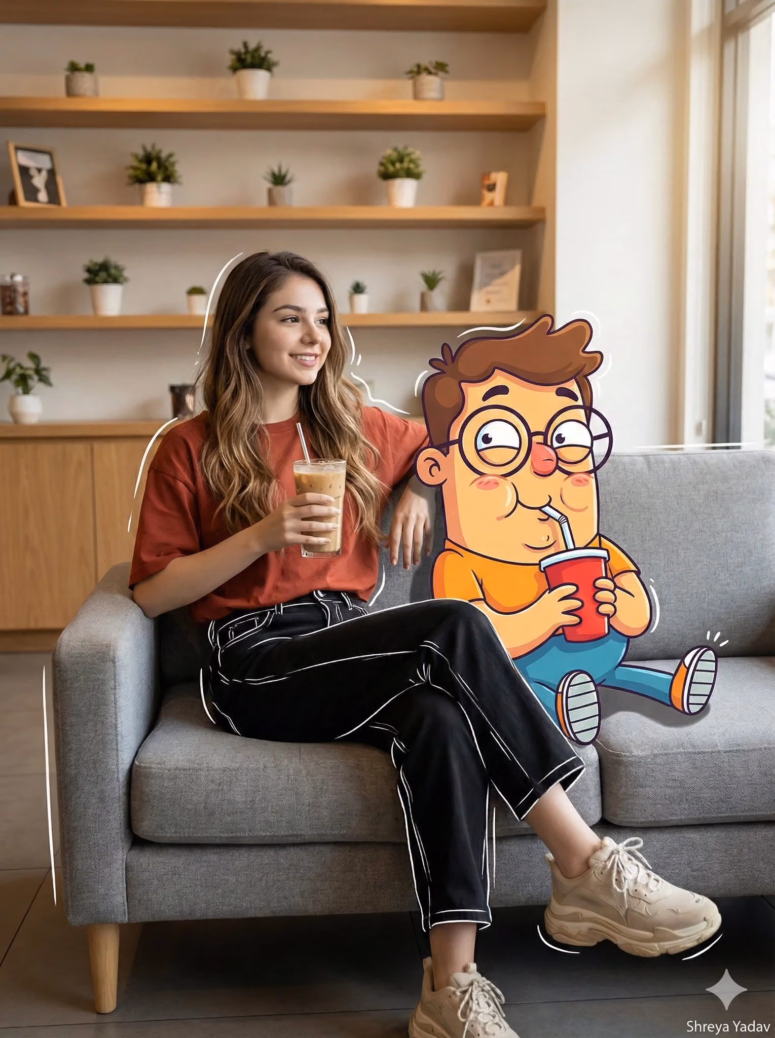 Cinematic Mixed Media Portrait: Young Woman with Cartoon Character