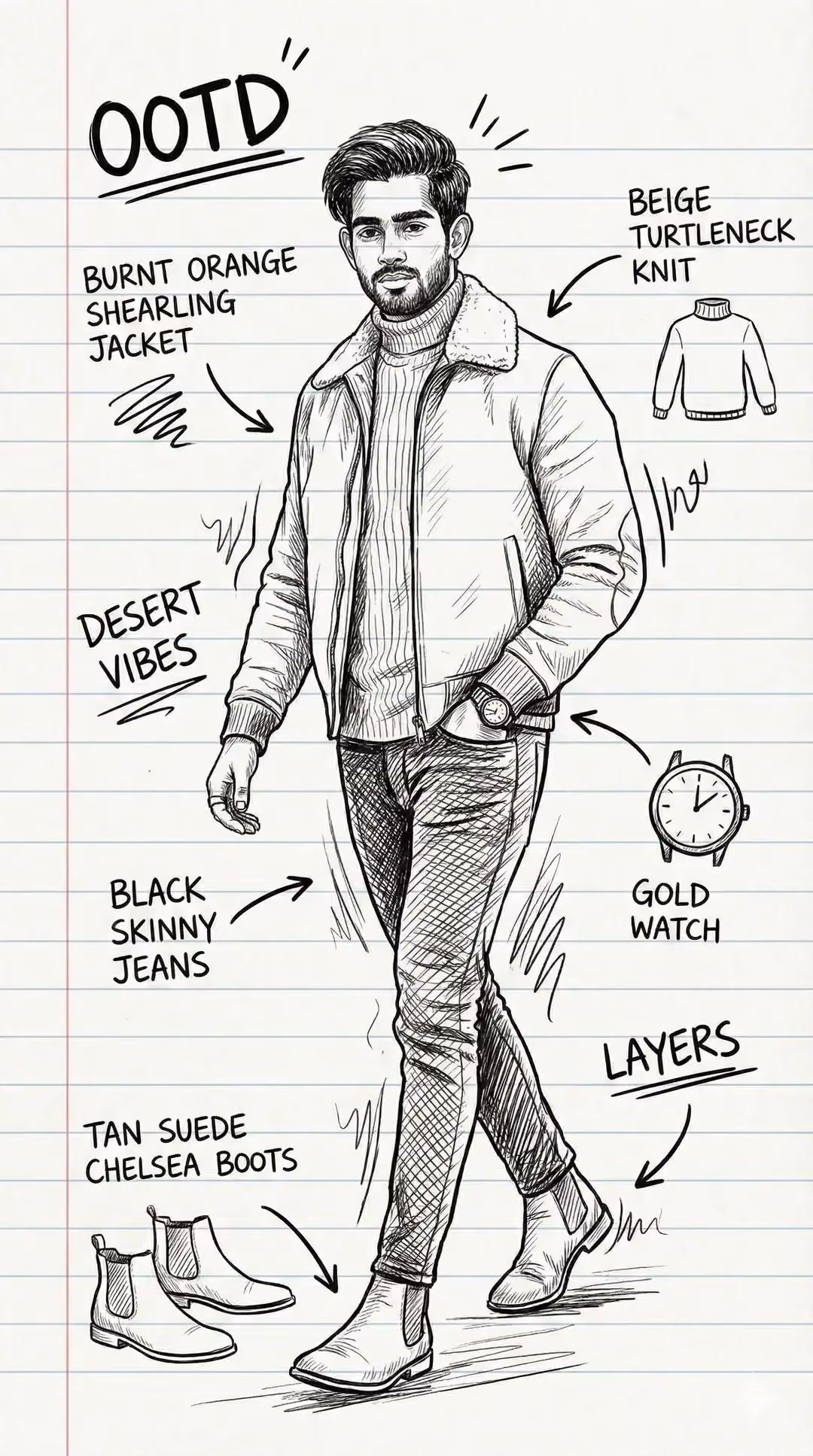 Fun OOTD Fashion Collage Breakdown, 9:16 Aspect Ratio, Paper Scribble Aesthetic with Hand-Drawn Arro