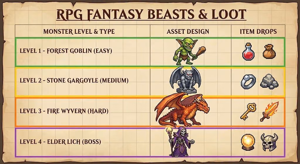 RPG Fantasy Game Monster Asset Sheet