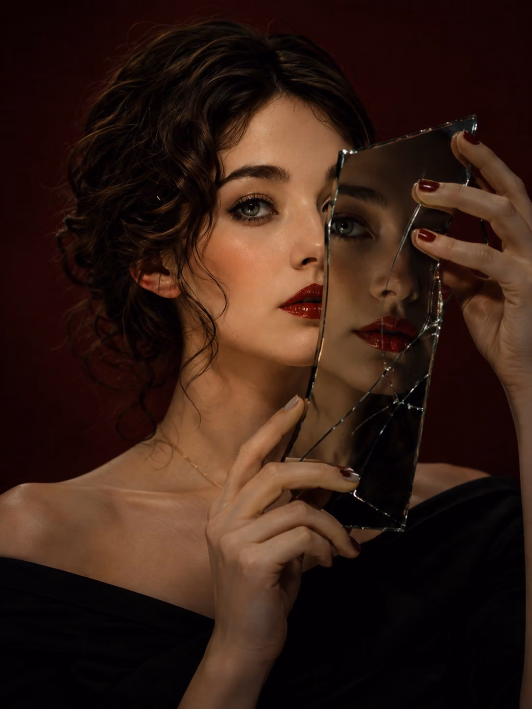 Ultra-Realistic Dark Luxury Beauty Editorial with Mirror Reflection