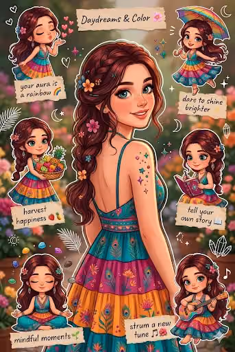 Vibrant Bohemian Woman Sticker Sheet Illustration