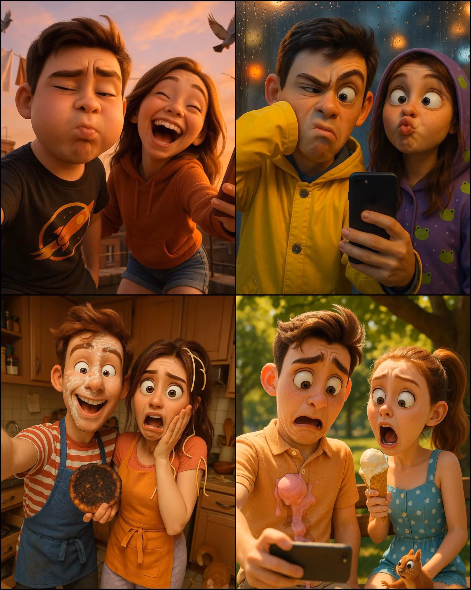 Ultra HD 4K Pixar-style 3D portrait of a young couple attempting a selfie on a city rooftop at golde