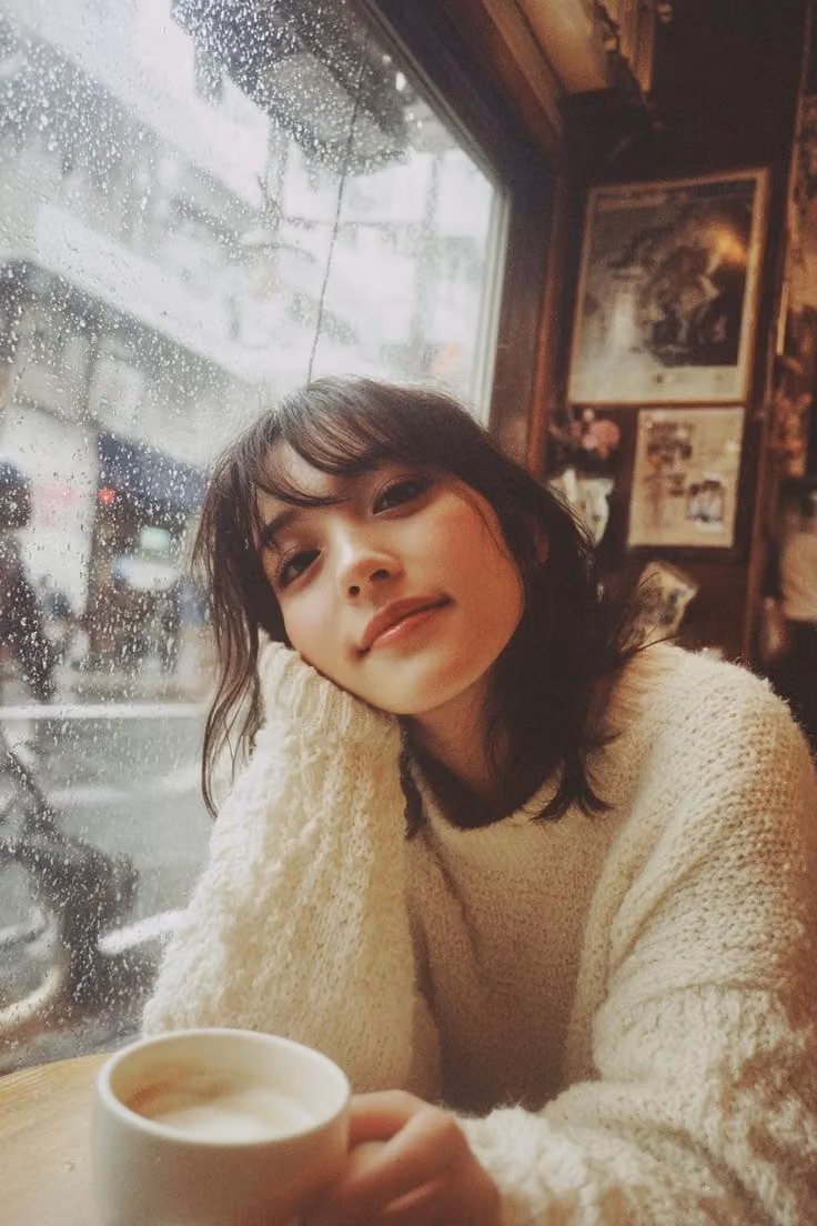 Young East Asian Woman in Cozy Café Window Scene