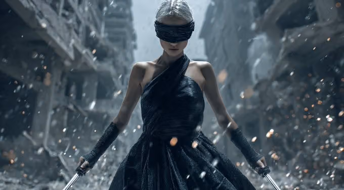 Full-body shot of a detailed character, wearing specific clothing or armor, holding iconic weapons o