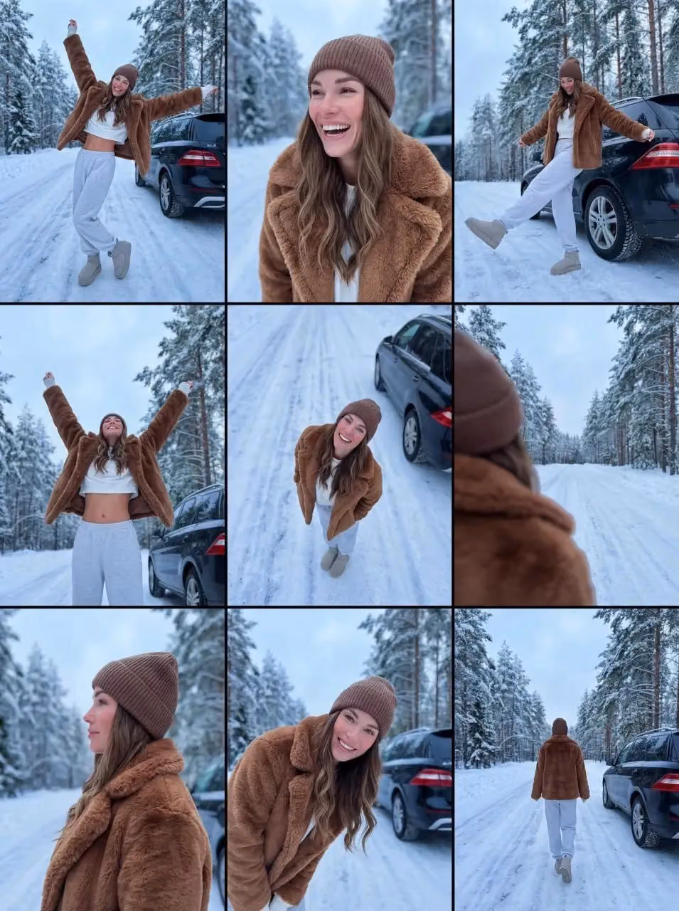 3x3 grid collage of young woman in winter forest