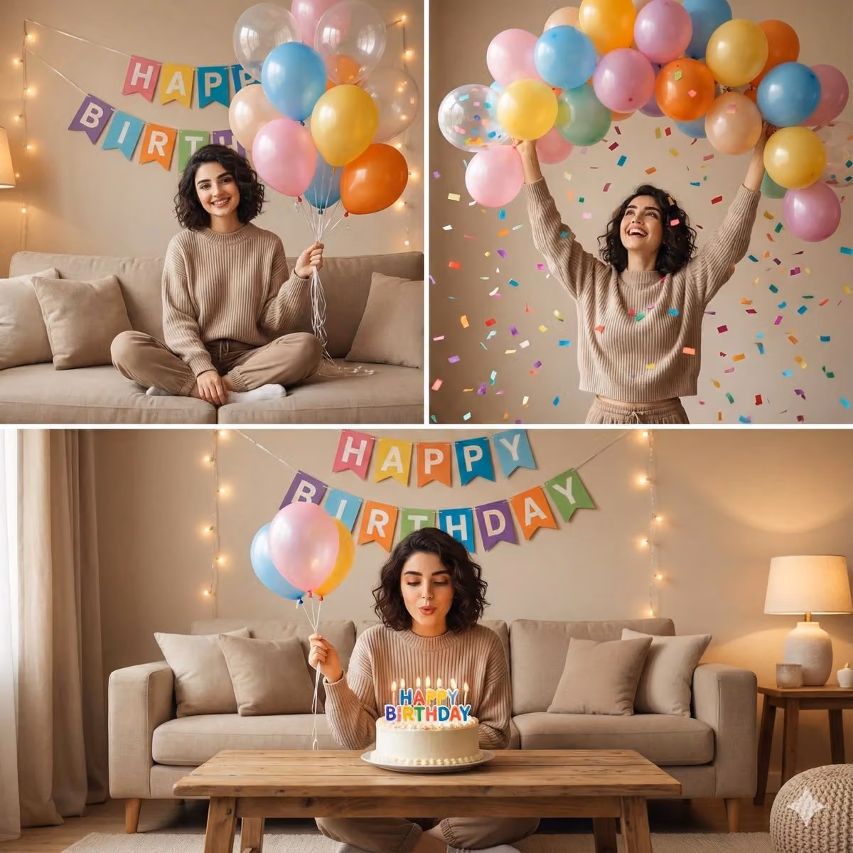 Cozy Indoor Birthday Celebration Collage with Multiple Moments of the Same Woman