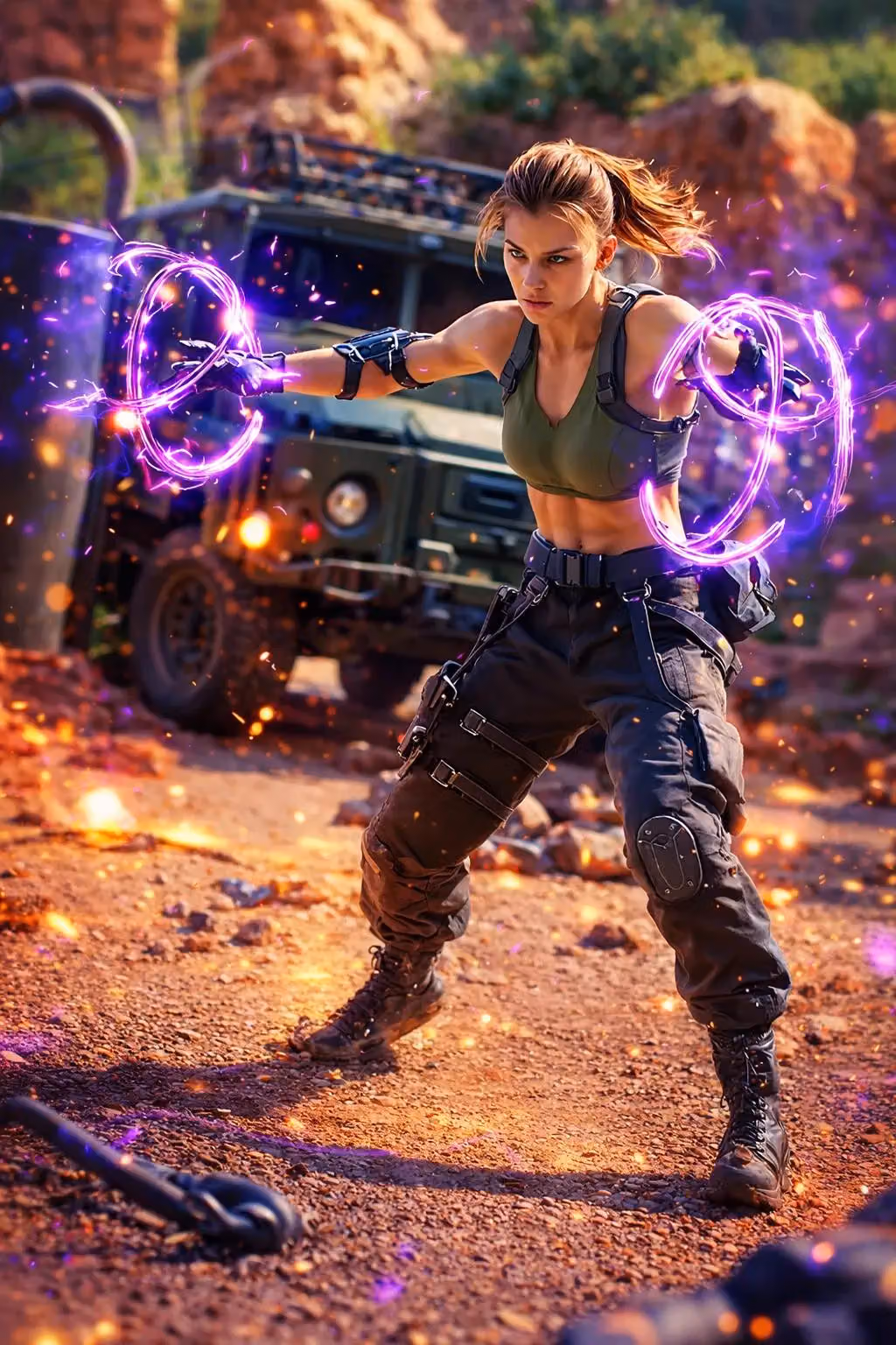 Powerful Athletic Female Warrior in Rocky Battlefield