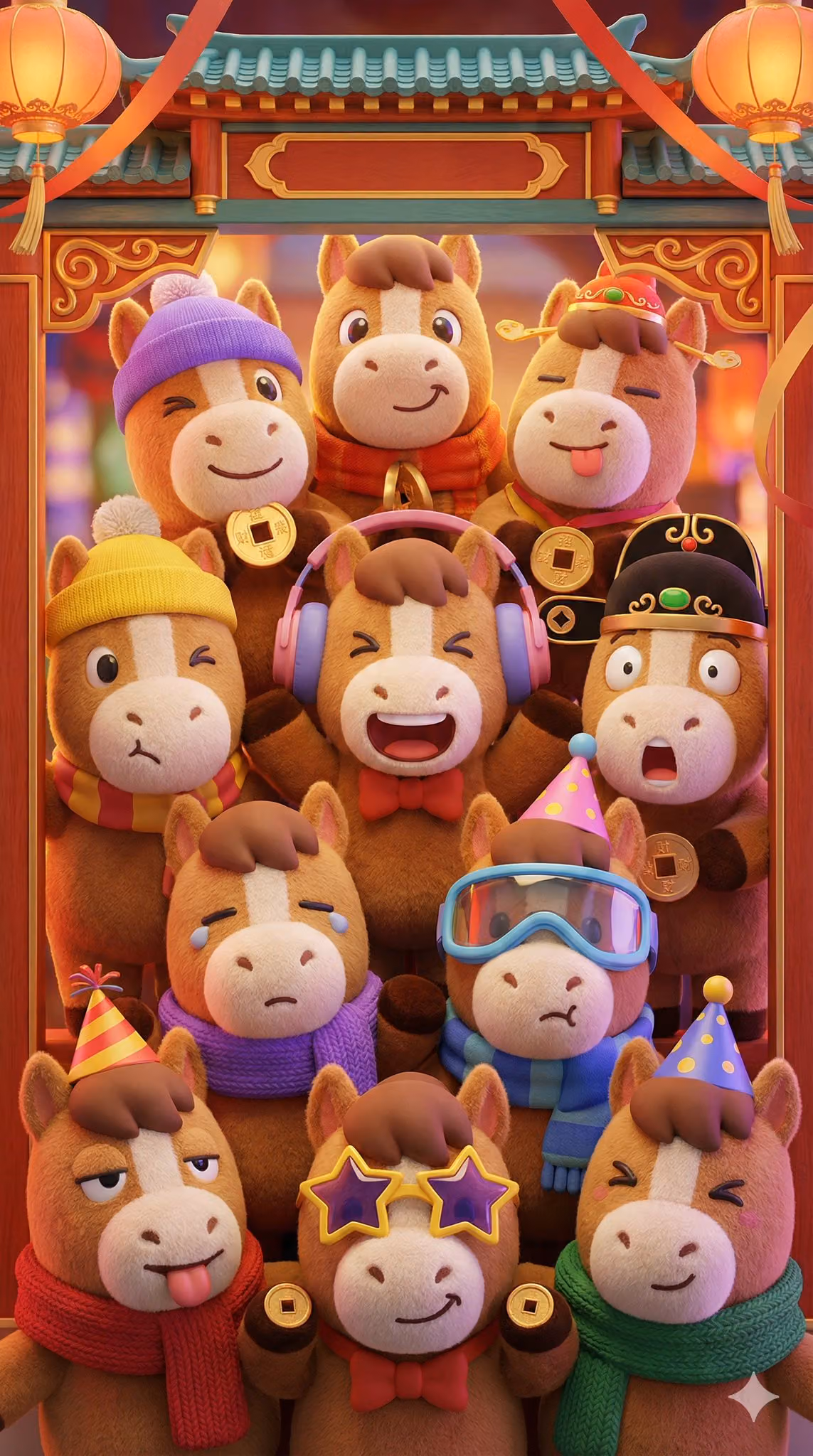 Vertical Phone Wallpaper of Cute Anthropomorphic Horse Plush Toys Stacked in a Festive Chinese Archw