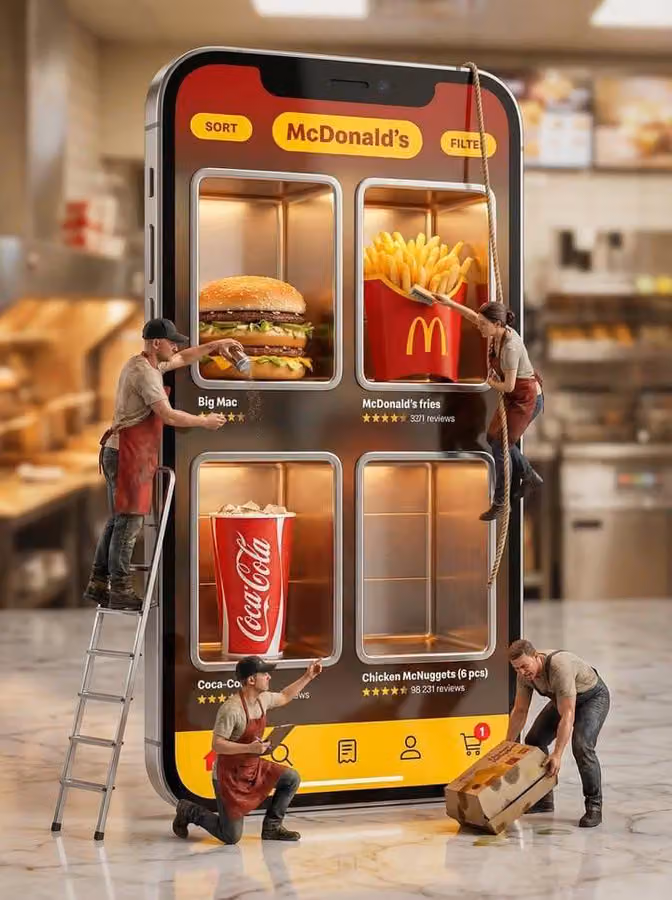 Ultra-realistic McDonald's Giant Smartphone Advertising Scene