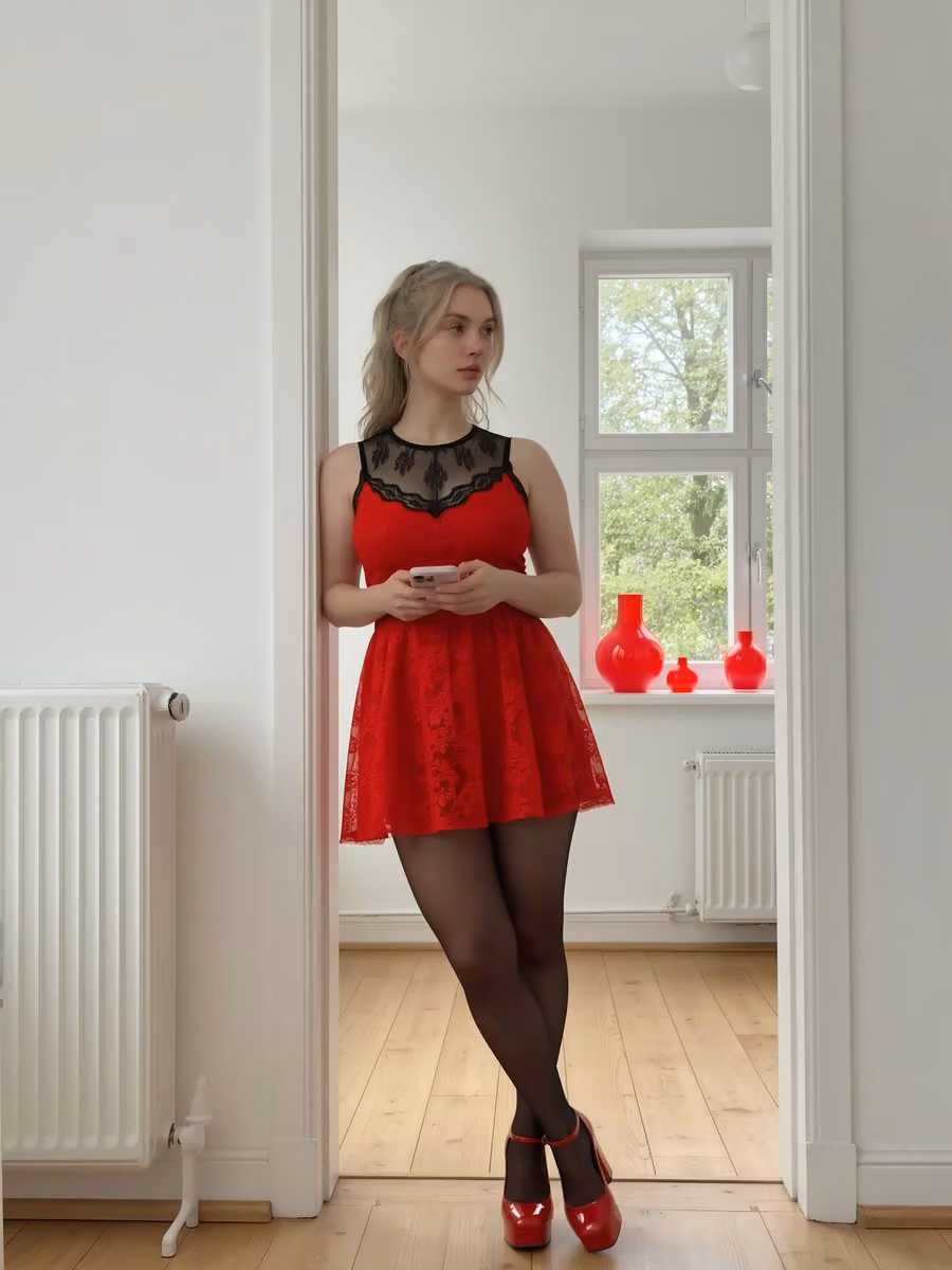 Woman in Red Lace Mini Dress in Modern Interior