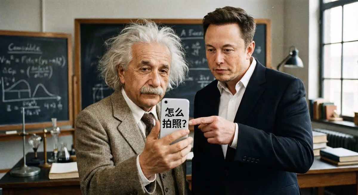 Einstein with Messy Hair Learning to Take a Selfie with Elon Musk