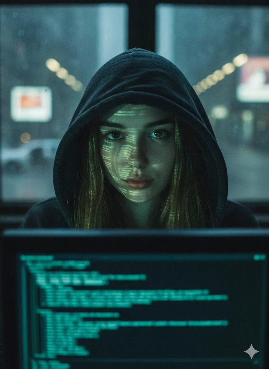 Close-up portrait of a young woman in a dark hooded sweatshirt, reflecting green digital code on her