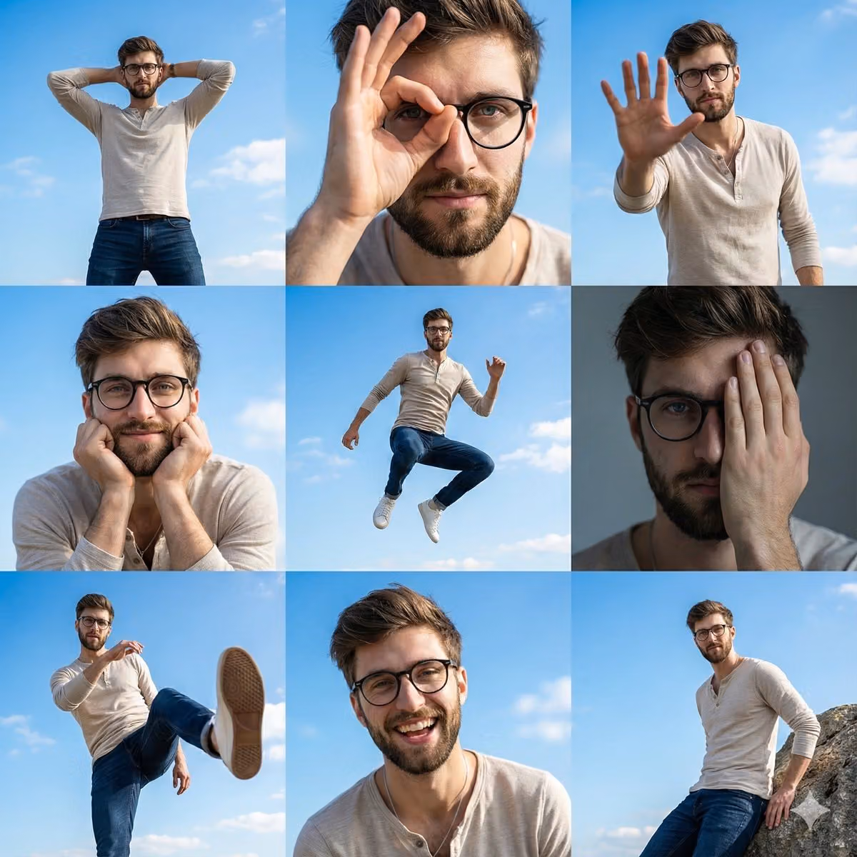 High-resolution 3x3 grid photo collage with dynamic poses