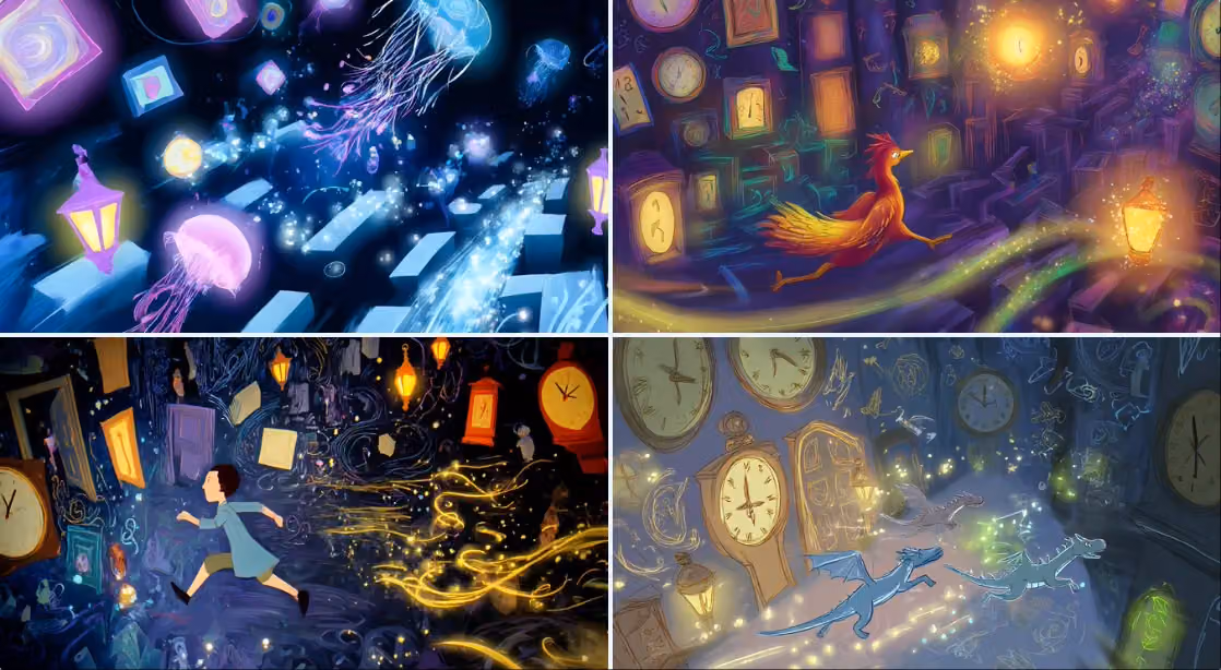 Chasing Dream Elements, Storybook Illustration, Maze of Floating Doors, Clocks, and Whispers, Lanter