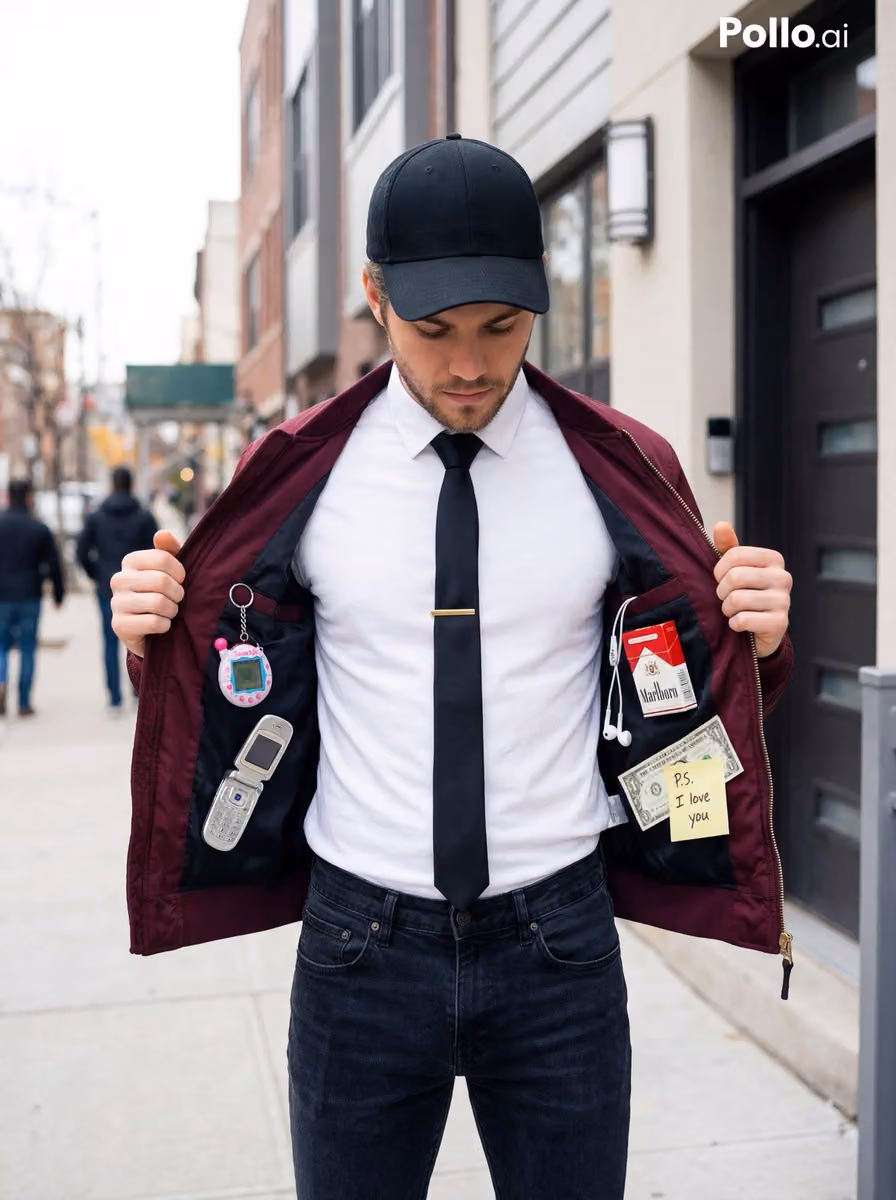 Stylish young man in burgundy bomber jacket with 90s items
