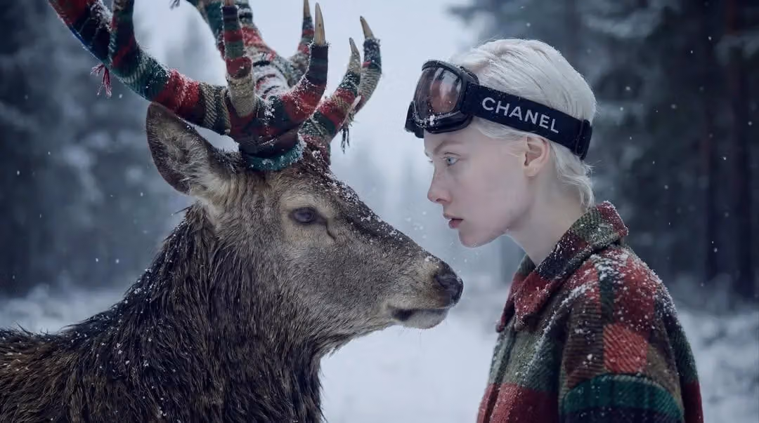 Hyper-realistic 8K Surreal Winter Fantasy Portrait of a Young Ethereal Woman with a Majestic Deer in