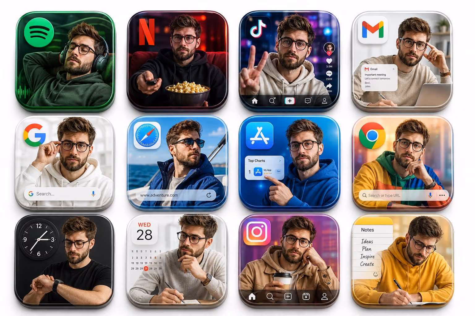 Premium 3D Grid of 12 App Icons