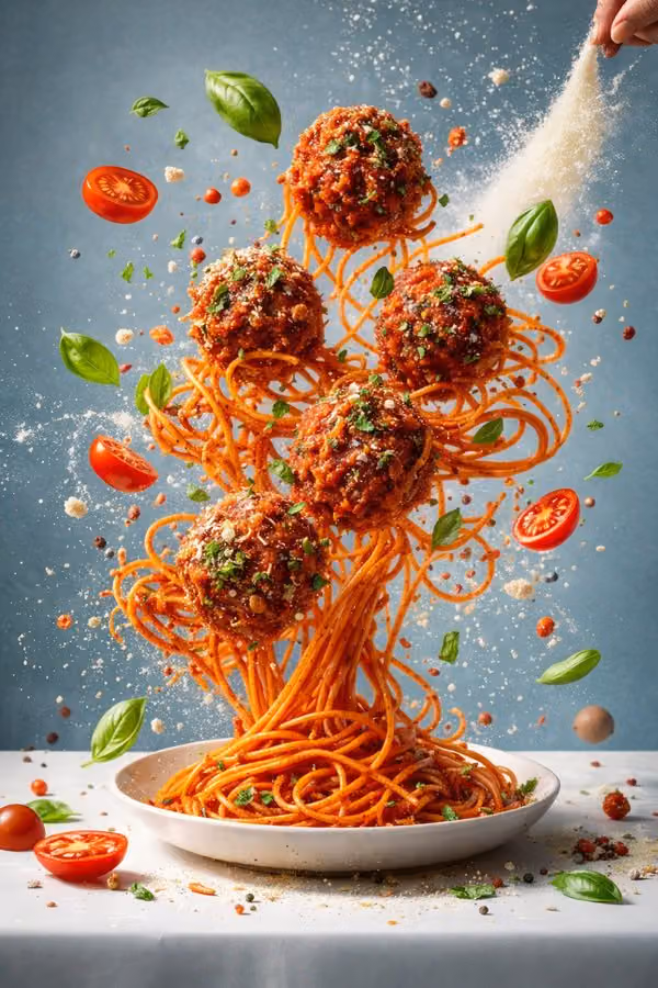 Hyper-Realistic Food Photography: Dynamic Salad and Pasta Explosion Scenes