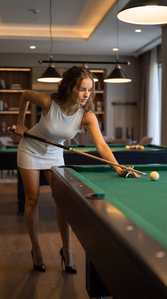 Professional Billiards Woman, White Bodysuit, Cinematic Photography