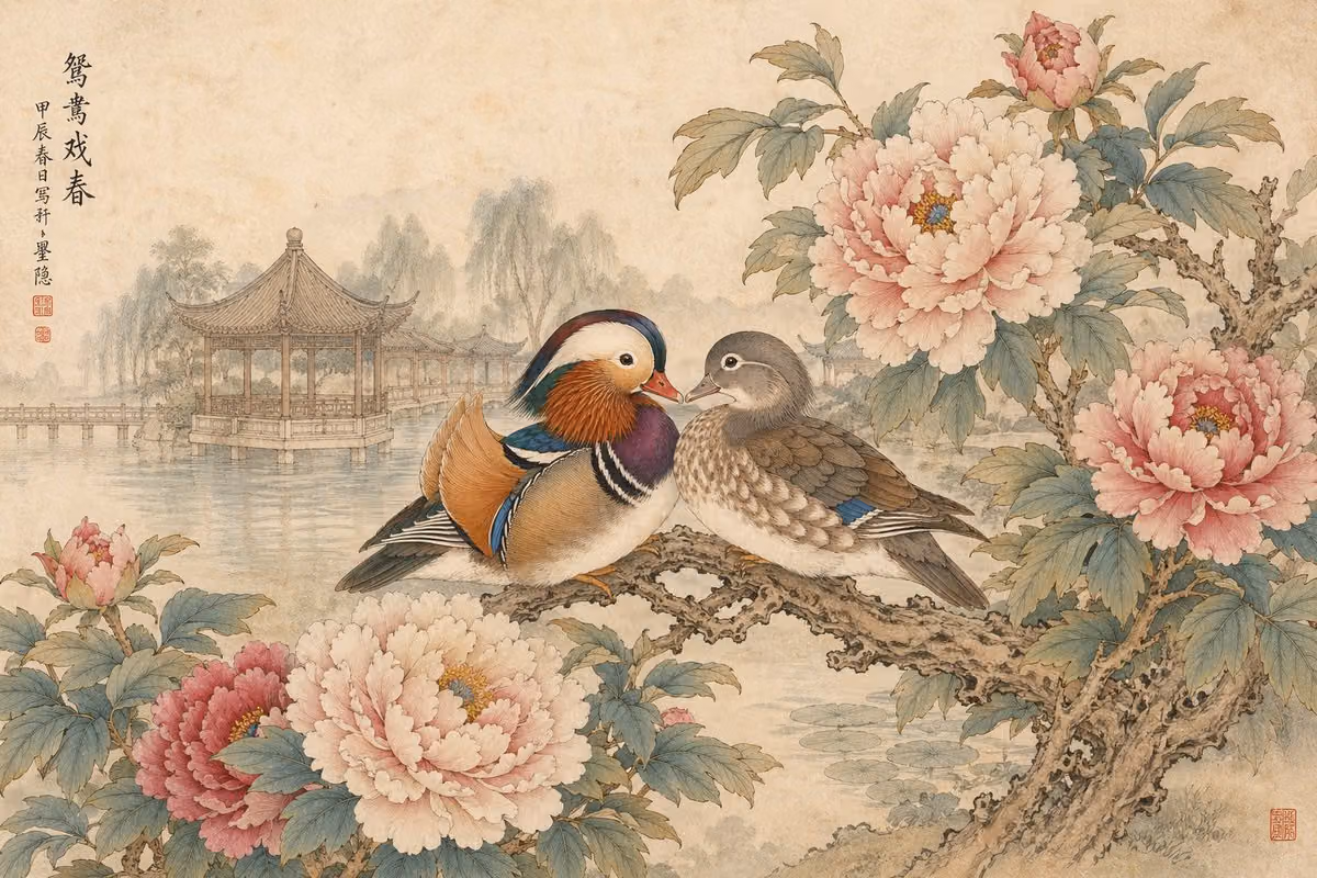 Traditional Gongbi Style Peonies and Mandarin Ducks