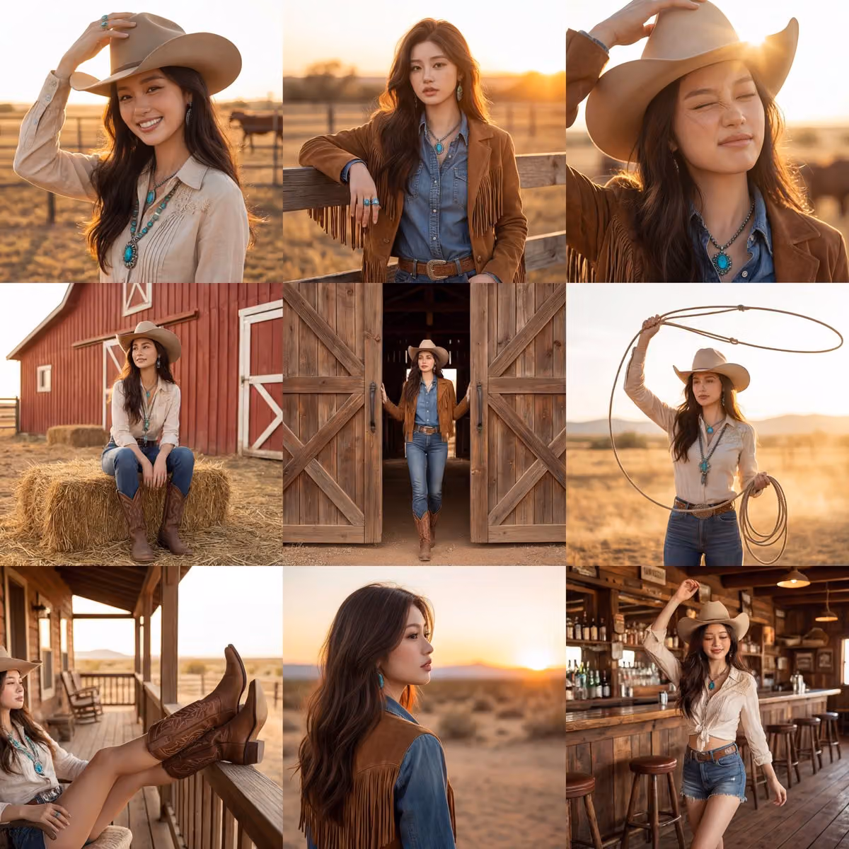 Create a 3x3 grid photo collage with American Western cowgirl aesthetics