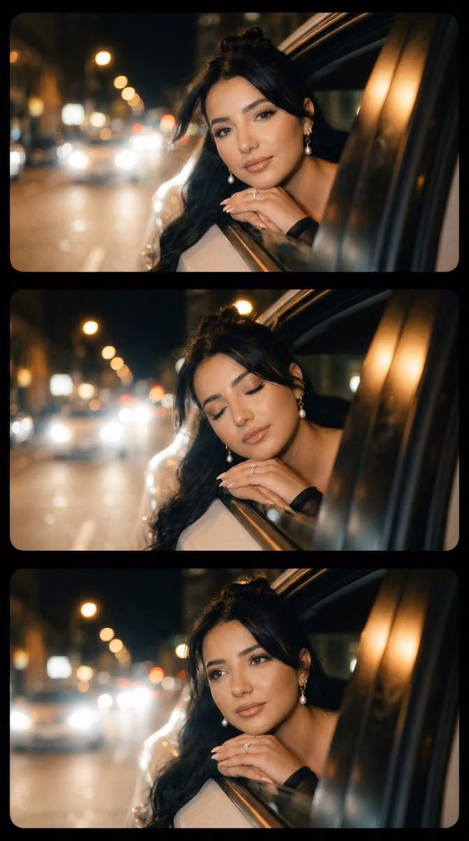 3-Frame Horizontal Filmstrip: Adult Woman Night Drive Micro-Expressions