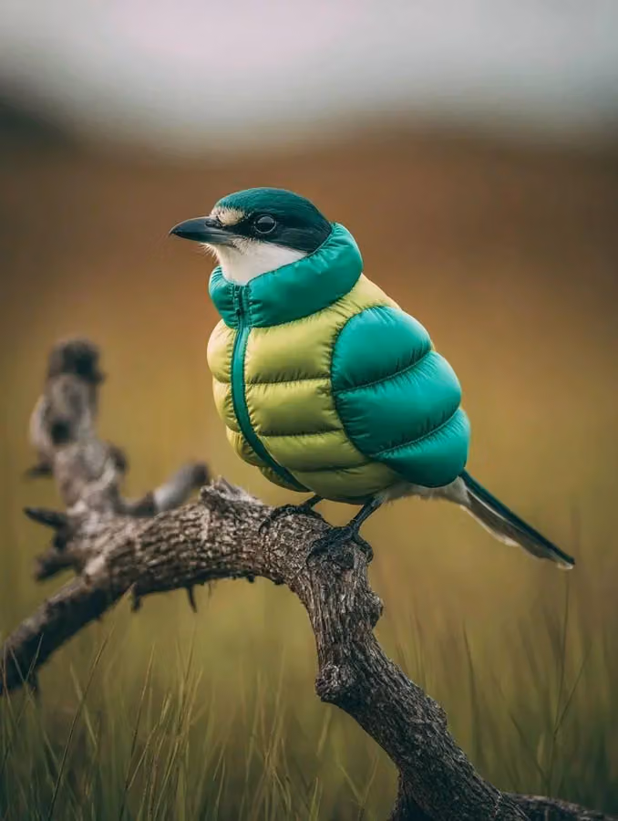 Bird in Inflatable Down Jacket on a Dry Tree Branch with Blurred Green Grassland Background