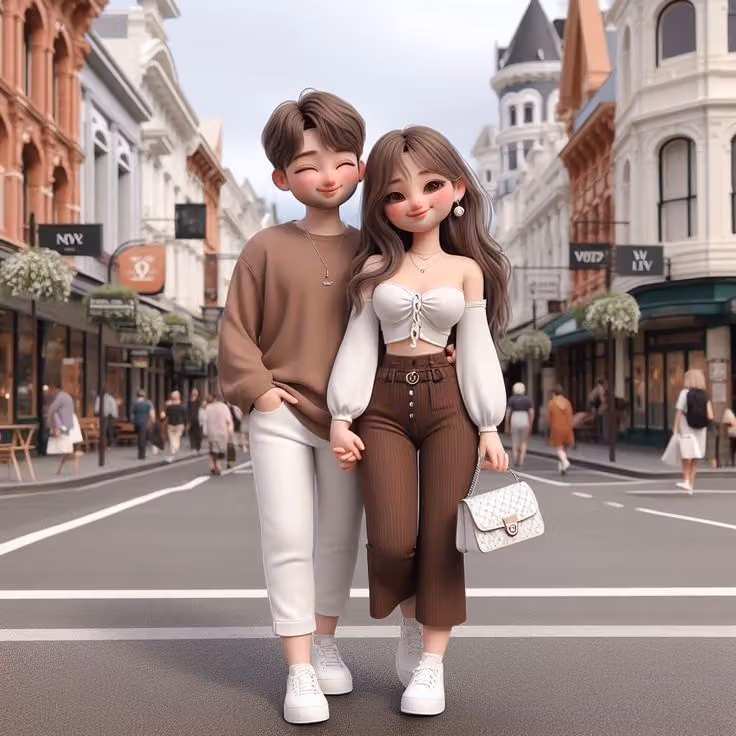 A cute 3D stylized couple walking hand in hand down a European-style city street