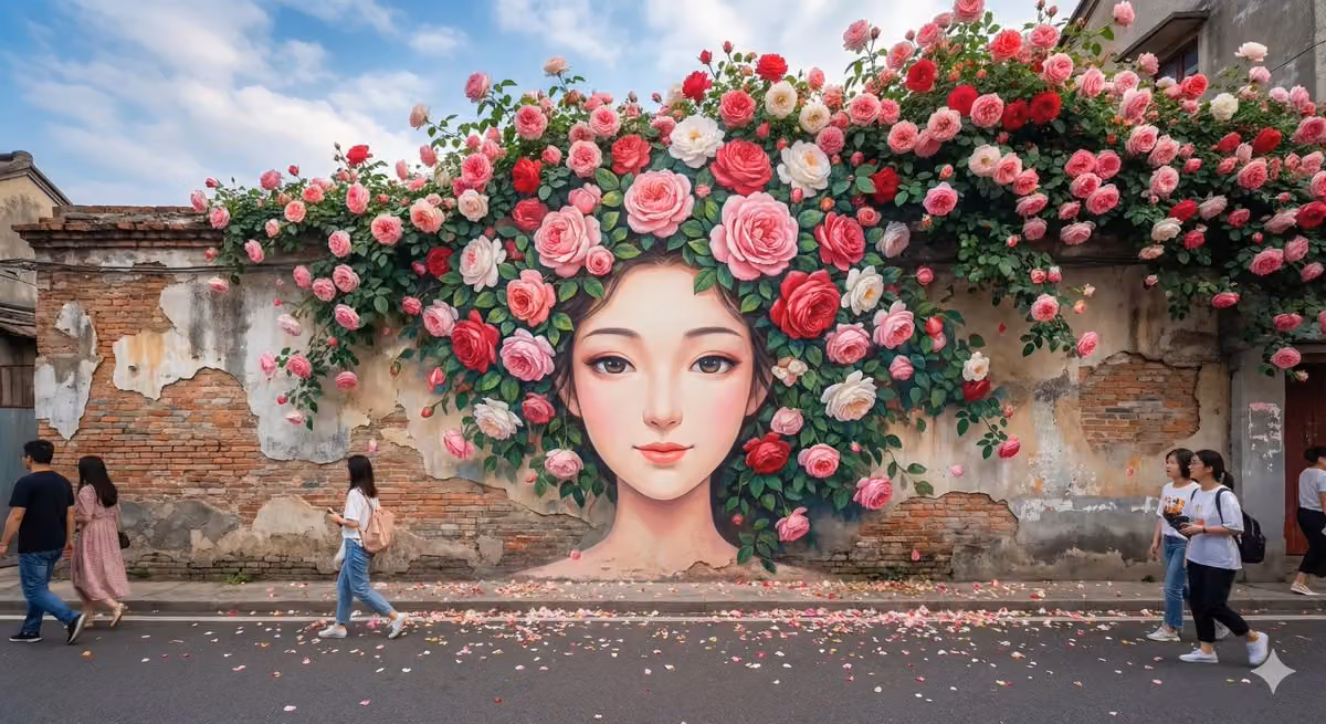 High-resolution Street Art with Chinese Style, Dreamy Street Scene with Cartoon Female and Rose Crow
