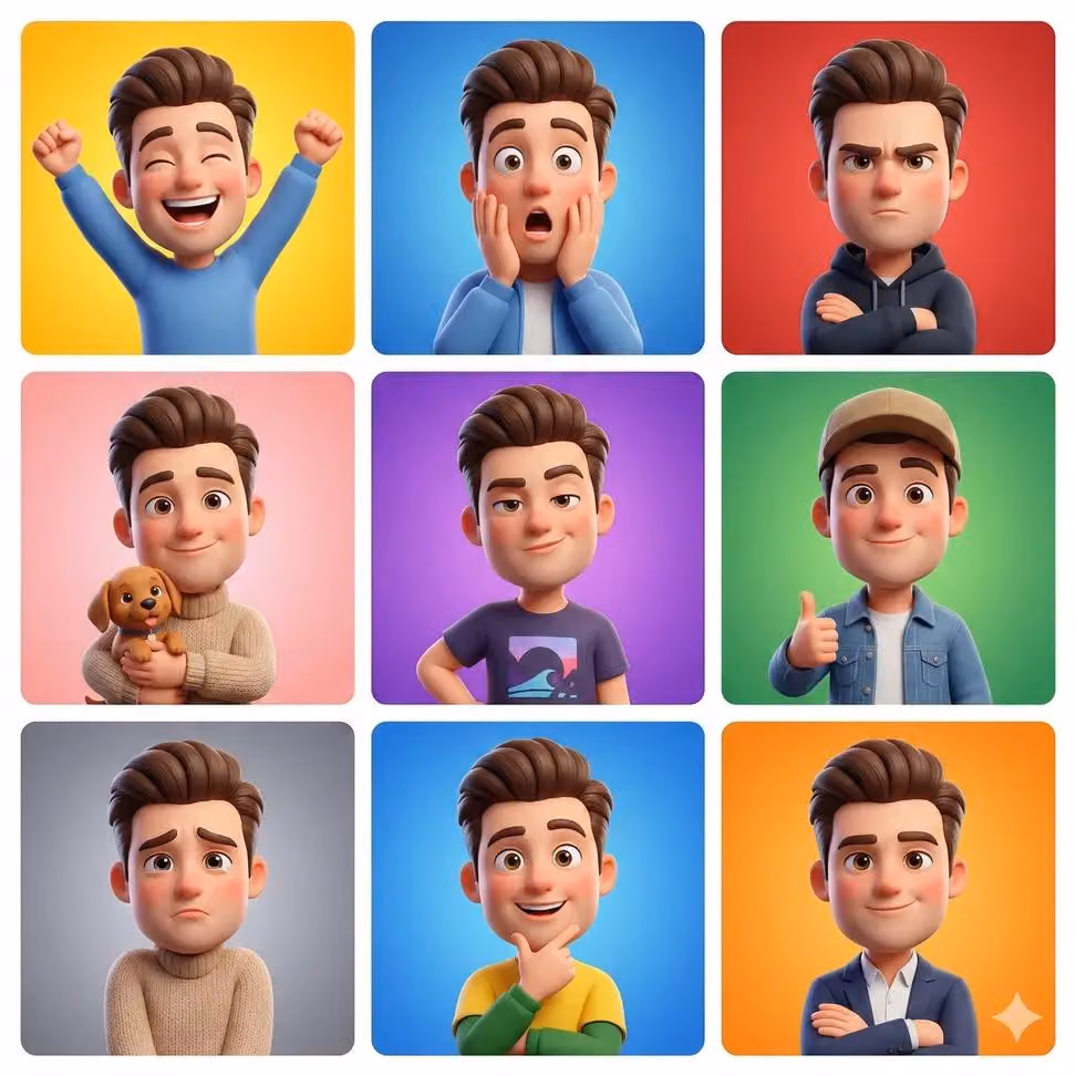 3D Cartoon Avatar Emotions Grid