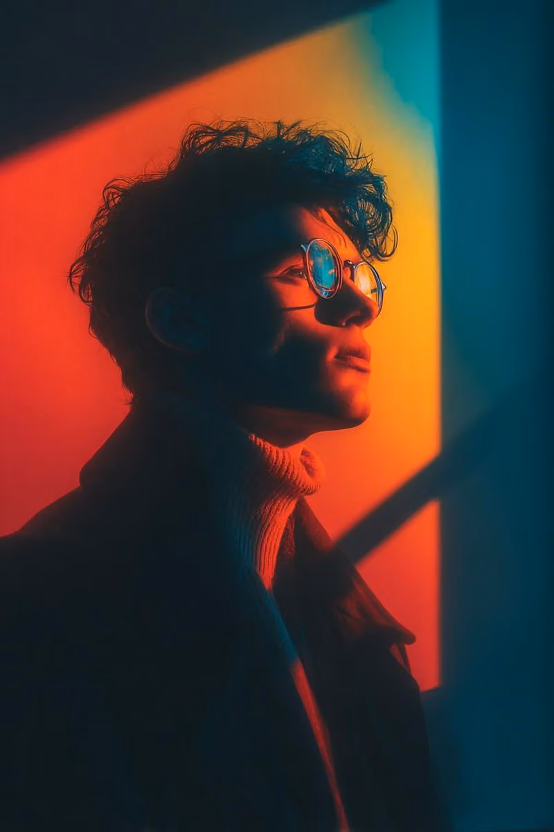 Cinematic Portrait with Geometric Light and Color Contrast