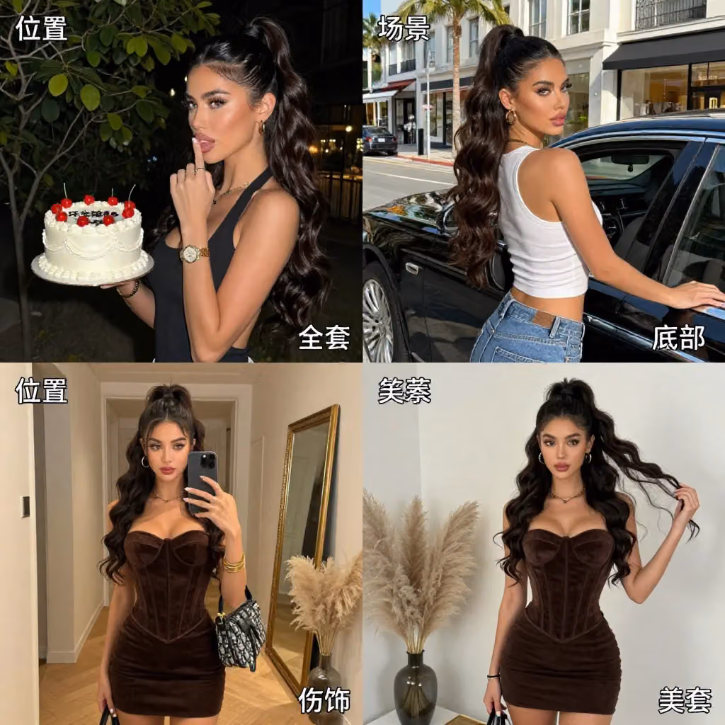 2x2 grid collage featuring four distinct photographs of the same female subject.