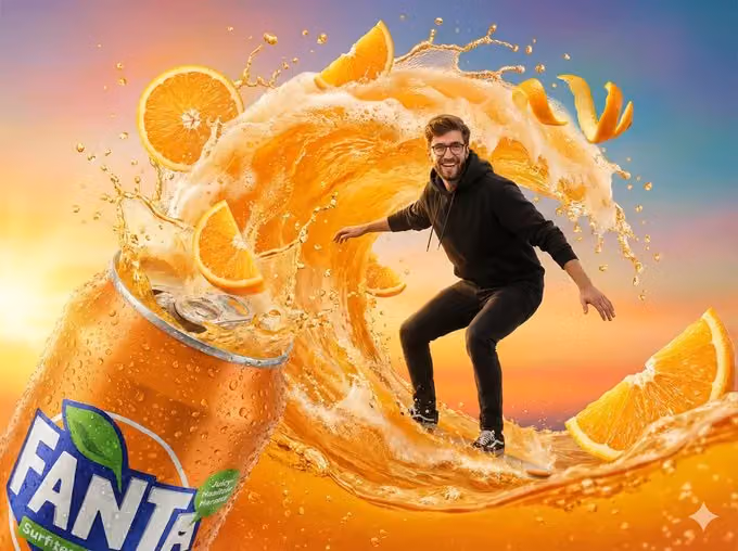 Vibrant Fantasy-Style Soda Commercial with Young Man Surfing Orange Soda Wave