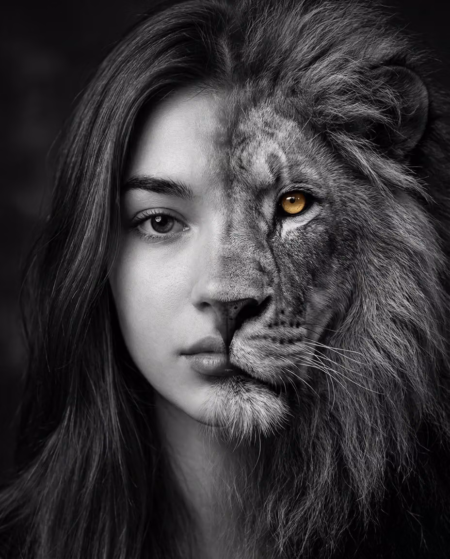 Cinematic Human-Lion Fusion Portrait: Ultra-Realistic Black and White