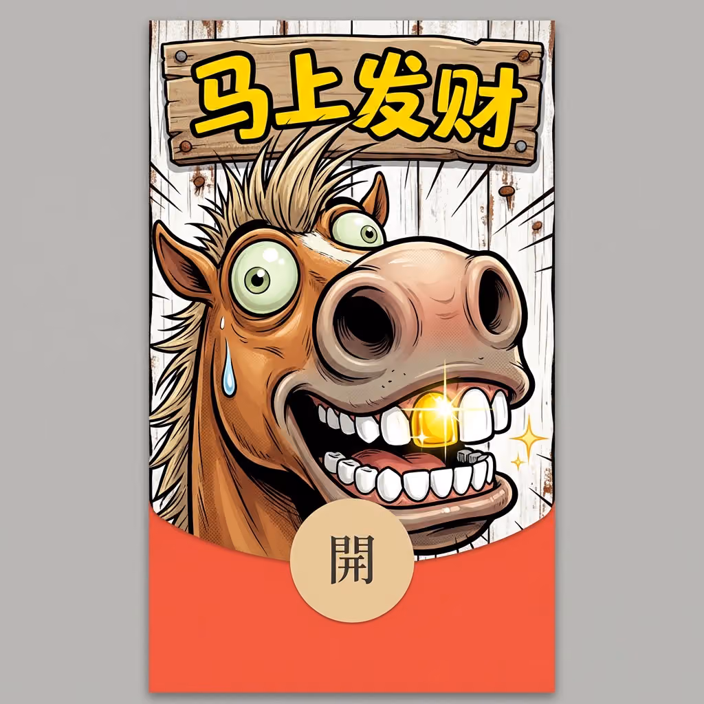 2026 Horse Year Red Packet Cover Design, Exaggerated Quirky American Comic Style