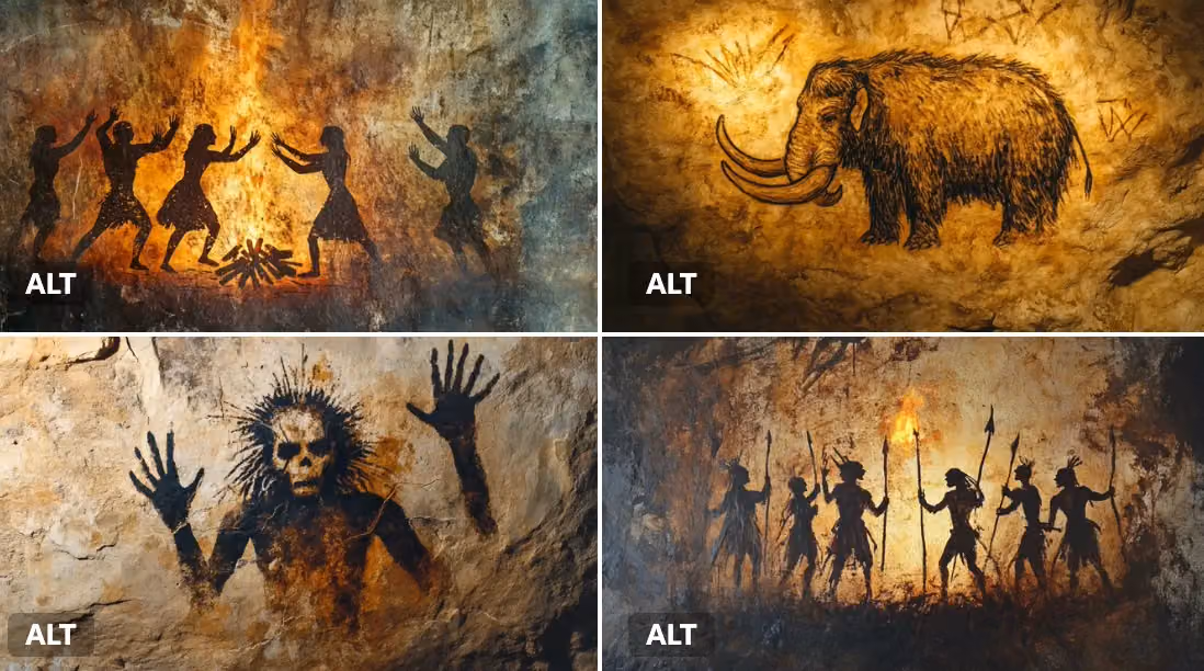 Primitive Cave Painting with Ochre and Charcoal Lines