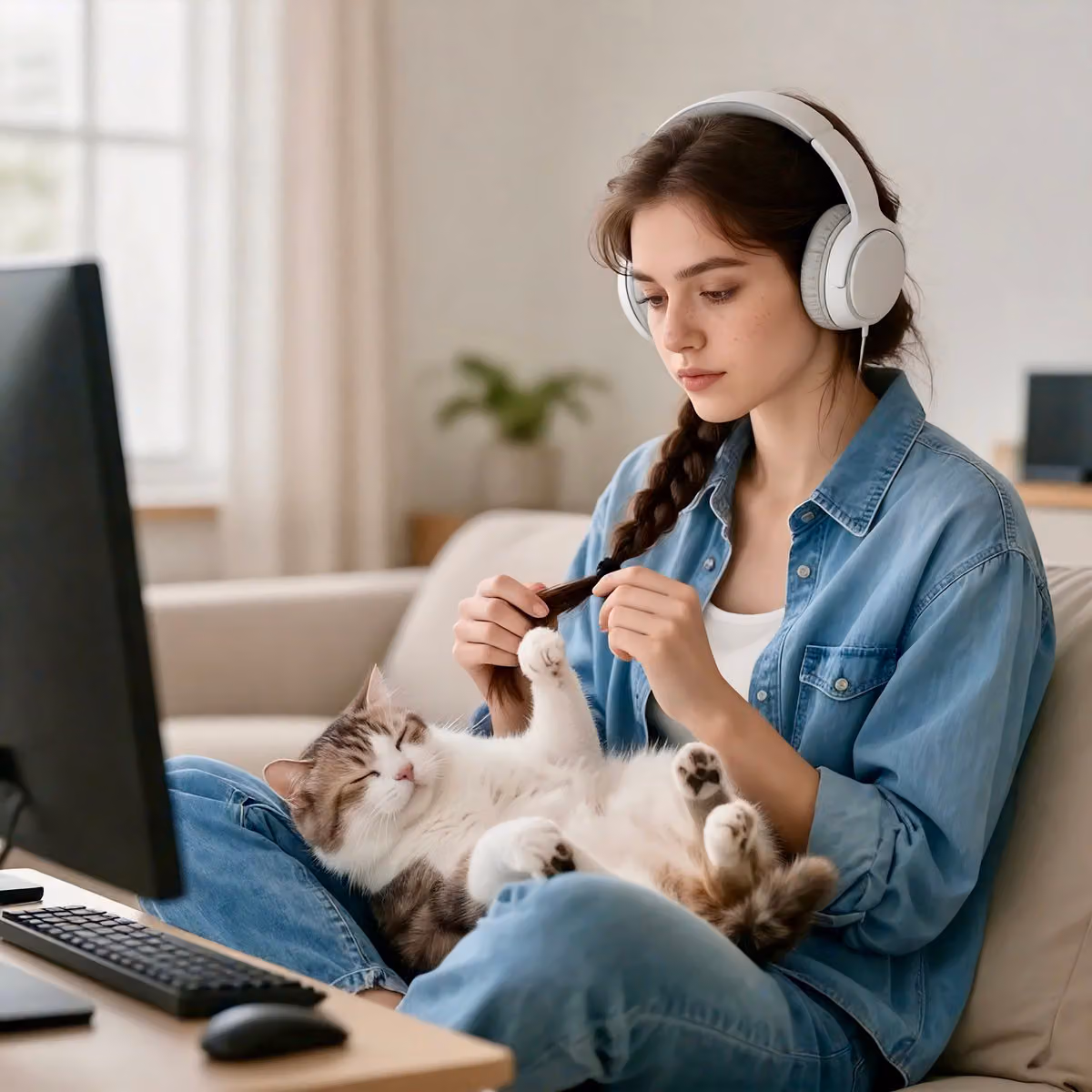 Woman gaming with sleeping cat